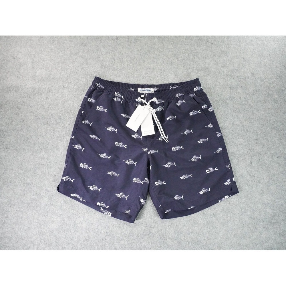 Maamgic Swim Trunck Mens Medium Lined Blue Fish‎ Bones Elastic Waist Drawstring